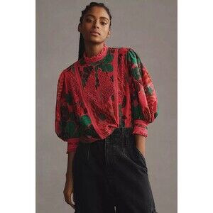 Farm Rio Floral Yard Top Puff Sleeve Crochet Victorian Renaissance BOHO Tropical